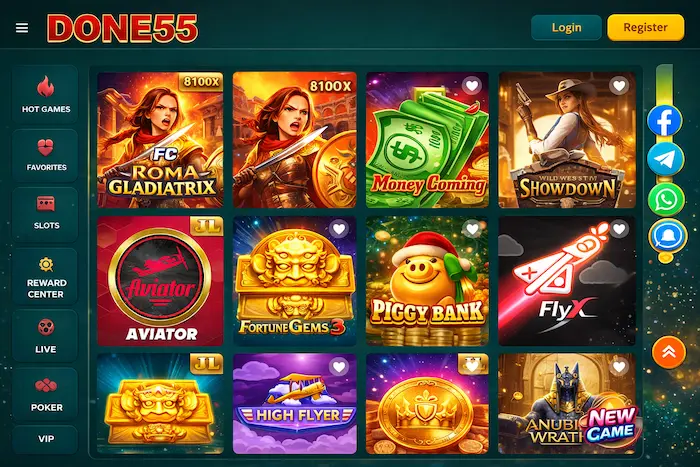 DONE55 gaming homepage interface